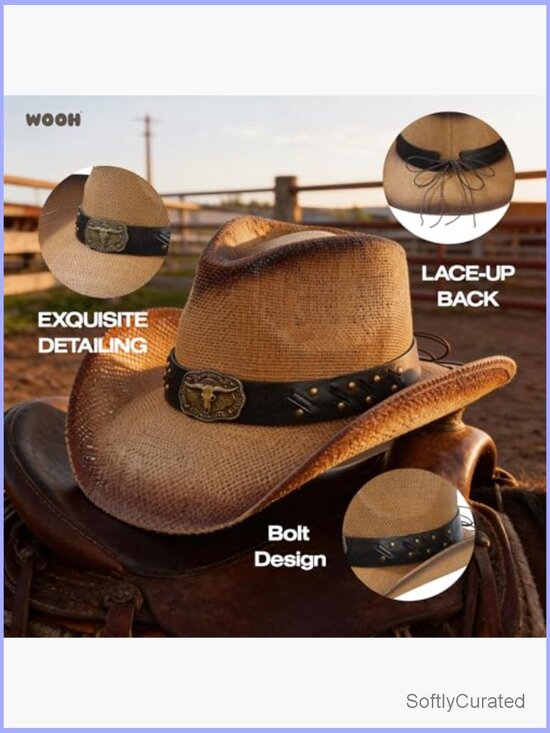Western Straw Cowboy Hat Wide Brim Sun Protection Unisex